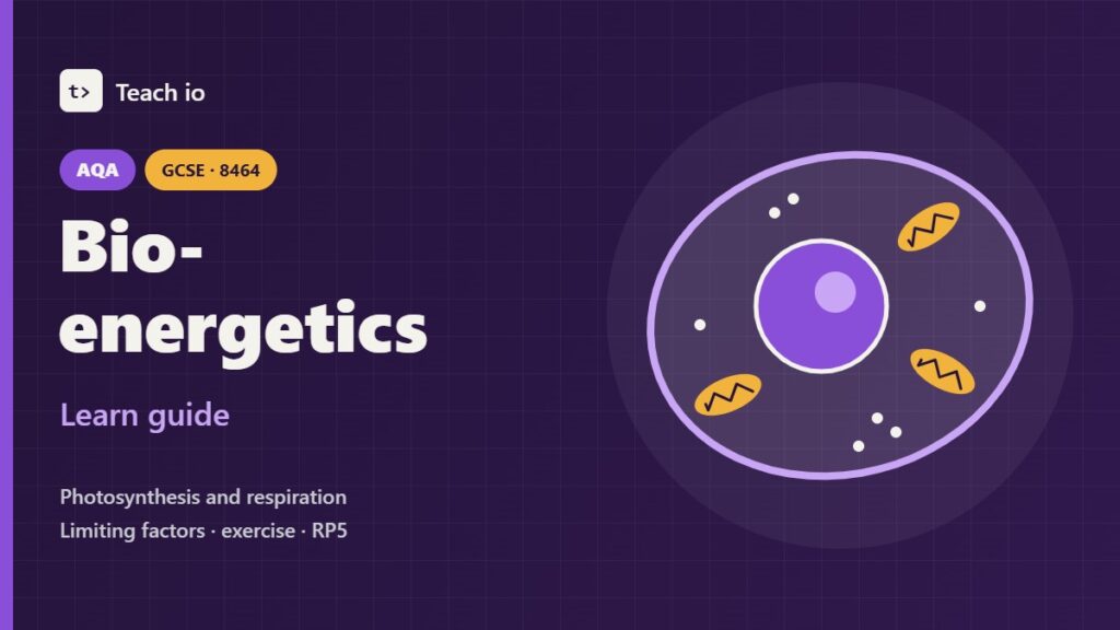 Teach io cover for the AQA GCSE Combined Science bioenergetics learn guide, with tiles for photosynthesis, light, respiration and exercise