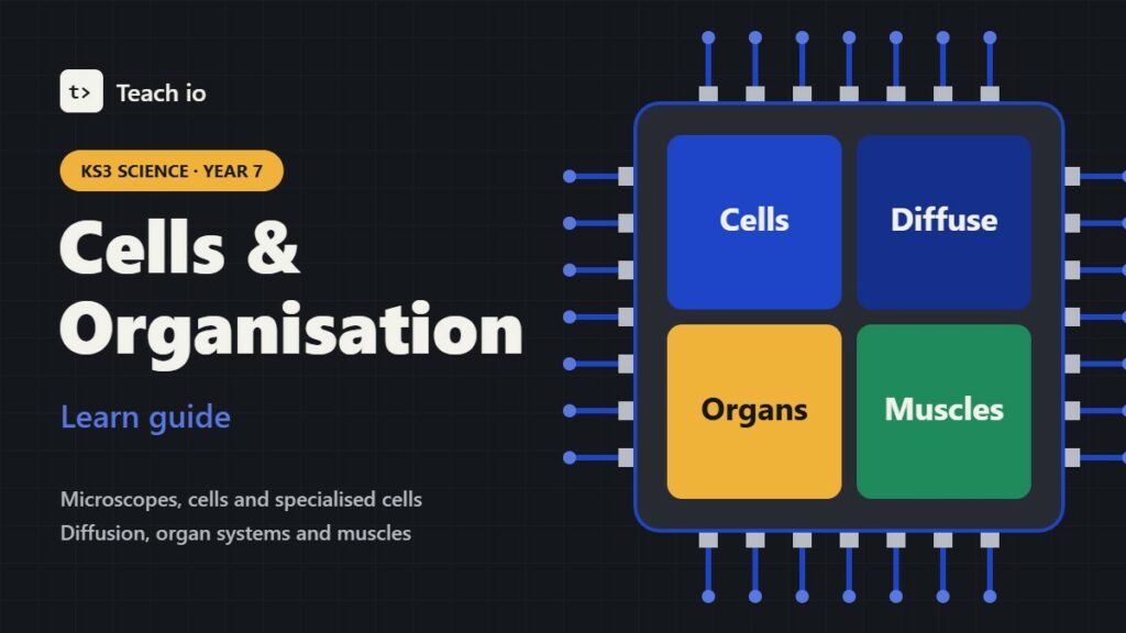 Teach io cover for KS3 Science Year 7 Cells and Organisation learn guide with tiles for cells, diffusion, organs and muscles